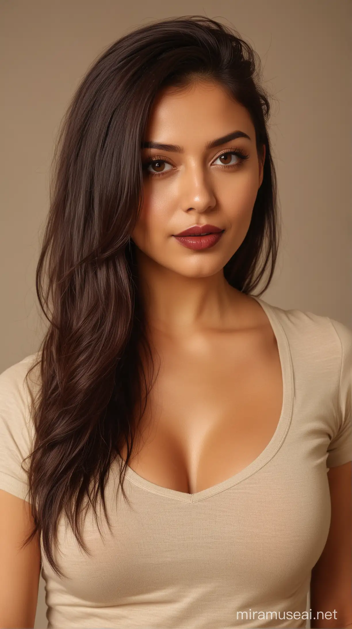Very stunning, beautiful and sexy 25 year old  slovakian girl, looking slightly Indian, sensually dressed in beige t-shirt, only t-shirt and face shown, big breasts partly seen, seductive look, glossy look, maroon lipstick, long hair, glow on face, intricate details, photo realistic, 4k, sexy moves, blurry background, vivid colours, dramatic lighting