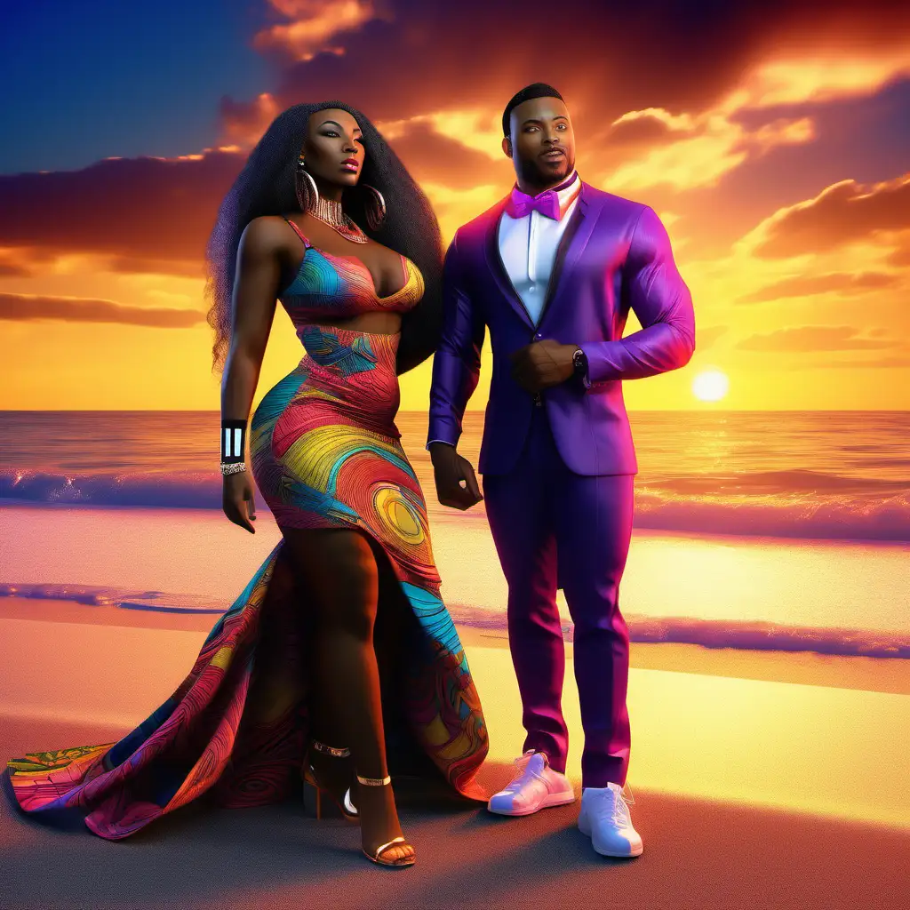  Create an 8k high society beautiful, indecent, fluid 8k hyper detailed curvy african american woman with long flowing locks. Along with a handsome african american man well dressed with tennis shoes Standing on a beautiful beach with a beautiful colorful sunset