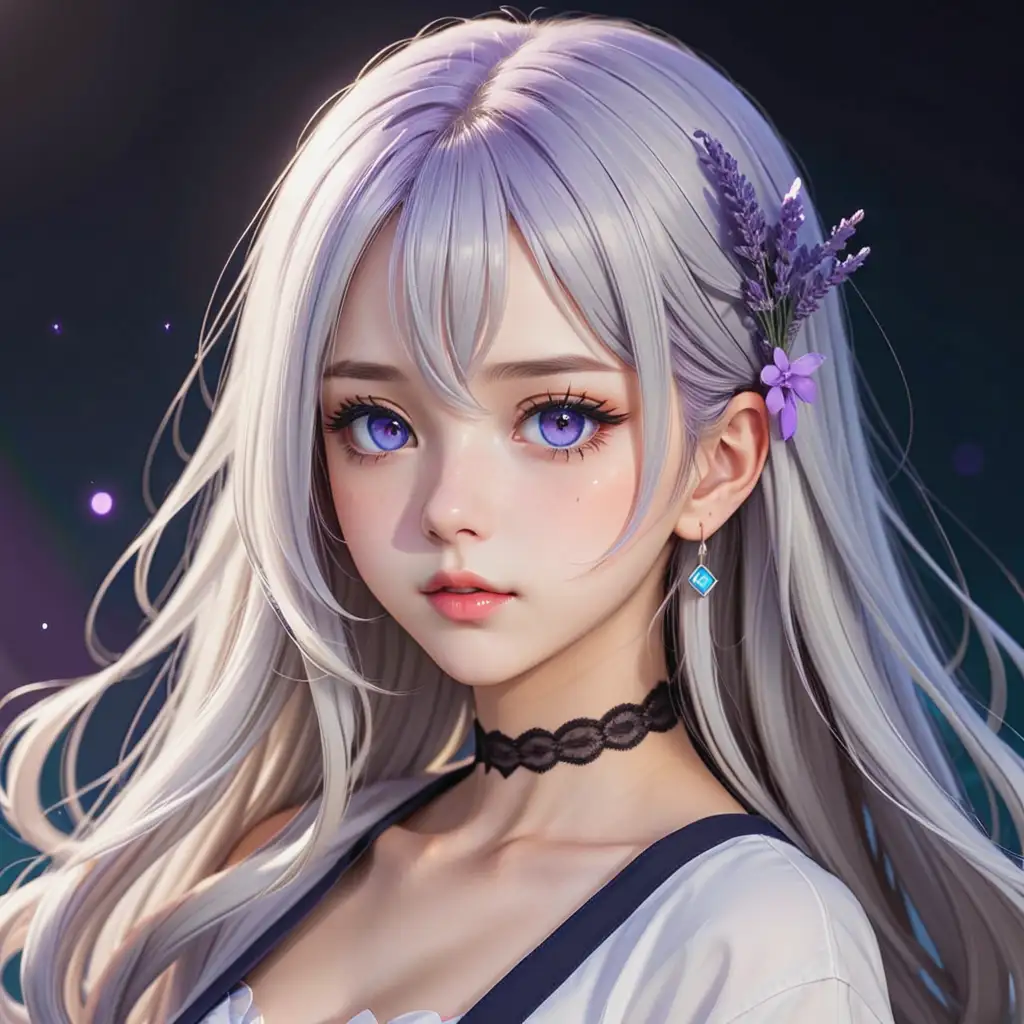 stylish anime girl, long silver hair, lavender lips, deep blue eyes, lo-fi –niji
