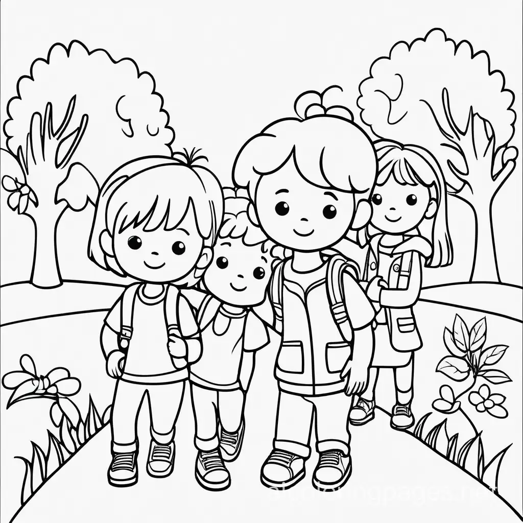children, Coloring Page, black and white, line art, white background, Simplicity, Ample White Space. The background of the coloring page is plain white to make it easy for young children to color within the lines. The outlines of all the subjects are easy to distinguish, making it simple for kids to color without too much difficulty