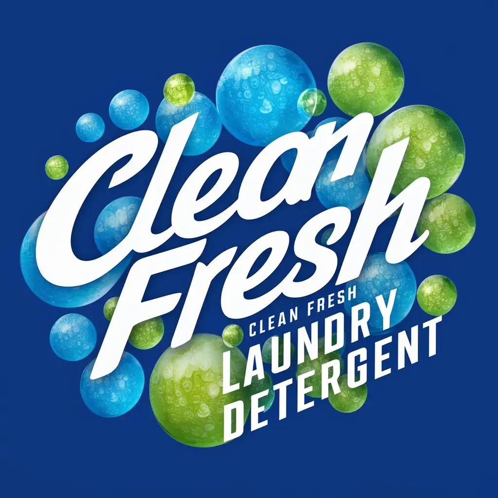 logo, blue and green bubbly water droplets, with the text "Clean Fresh Laundry Detergent", typography