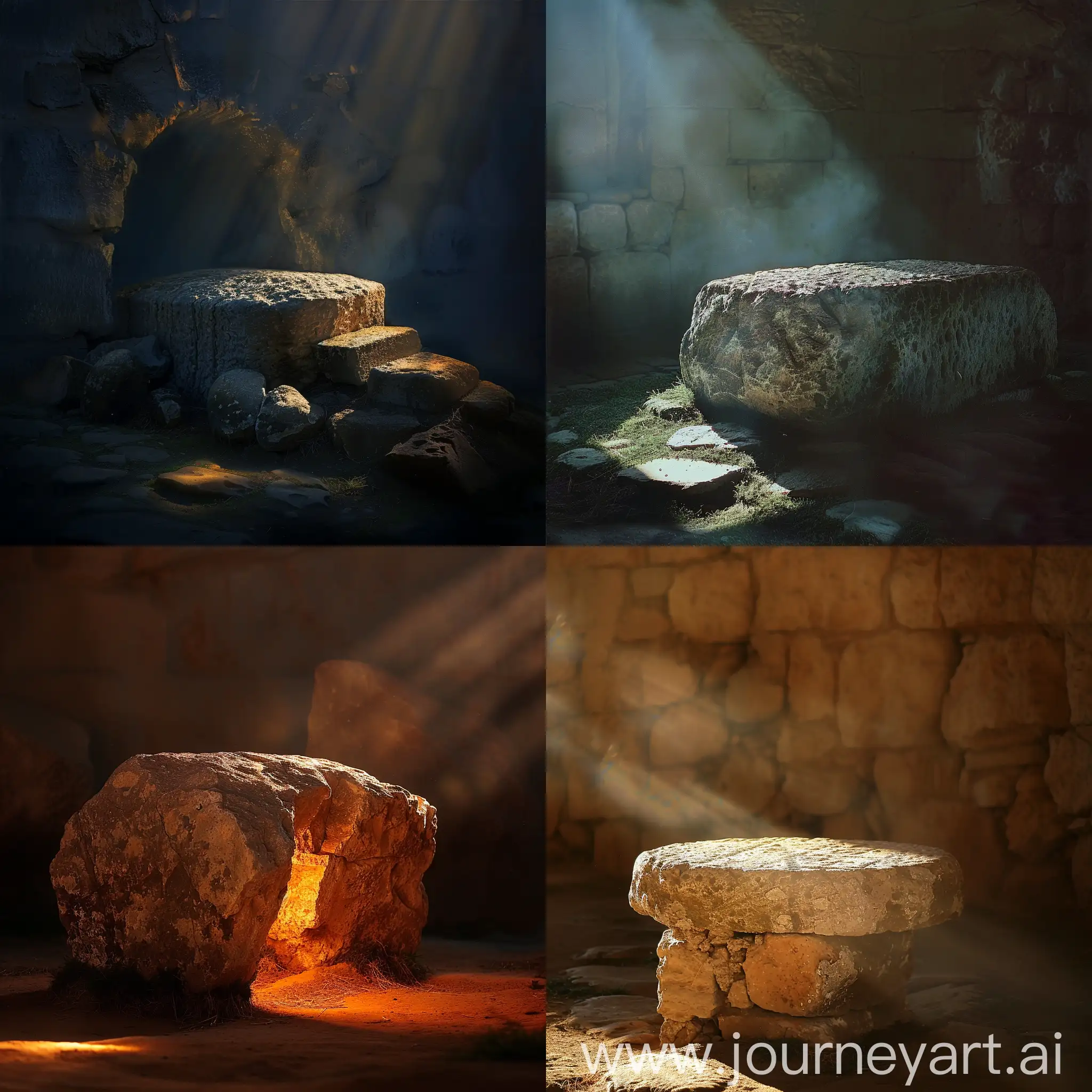 In the easter theme make an image,The stone covering the tomb, partially illuminated by the first rays of dawn.