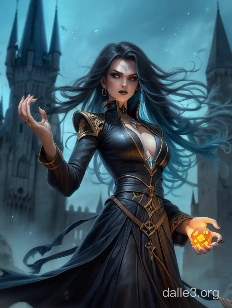 female necromancer, in an action pose casting spell while chanting. she wears a black dress, forming a tight revealing one-piece deep plunge (down below her naval) dress with a high collar of leather strips, showing a lot of skin. her dress is several sizes too small. she looks sexy and has the faceof a very beautiful calm woman of 30 years, but her hardened gaze is indifferent. she wears a lot of dark makeup. her eyes are slightly glowing blueish with arcane energy. arcane bands of yellow-orange light float around her arms while she is casting her magic. wind blows her dark hair to the side. the blurry background shows a dark evil castle in the distance in light blue mist, barely noticable and gravestones and rising undead leading up to it. the background looks like an unfinished mishmash of strokes. western fantasy style, character portrait for a tabletop role-playing game, american portrait, slight vignette, hyperrealistic  photorealistic colorful smudgy digital painting, bokeh