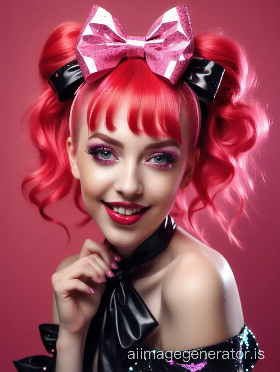girl in punk style, beautiful face, red lipstick, pink hair in a bow hairstyle, glitter, smile, stretched lips, honeycore, beauty aesthetical girl, glam design, party, high resolution, depth of exposure, caustic effect triple exposure© Ludmila