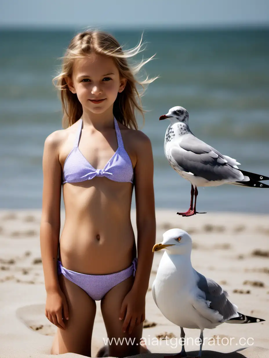 BikiniClad-Woman-Captivated-by-Majestic-Seagull-on-Beach