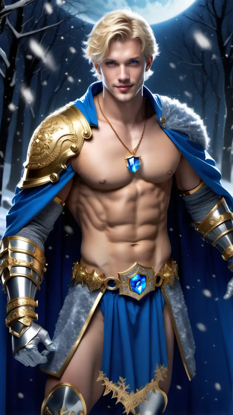 Blue moon, handsome blonde male knight, 30 years old, short hair, blue eyes, 5 o'clock shadow, show hairy chest, show abs, golden necklace with a blue crystal, leg armor, bracelets, smiling, blue cape, snowflakes 