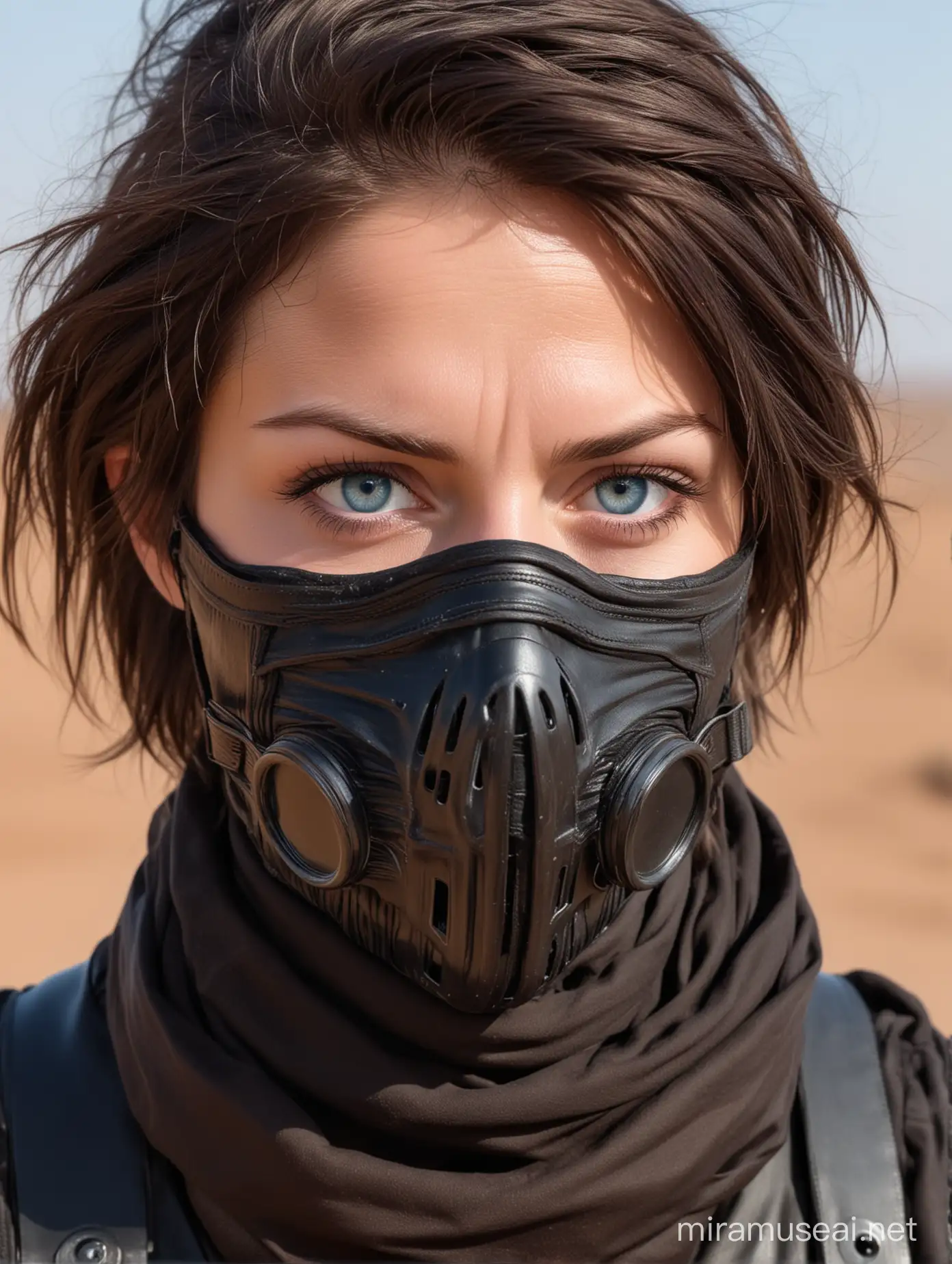  full portrait woman with weather-roughened skin, blue-on-blue eyes (blue sclera), wearing brown leather and a black stillsuit breathing mask covers her lower face. A dust scarf covers her hair. Desert background