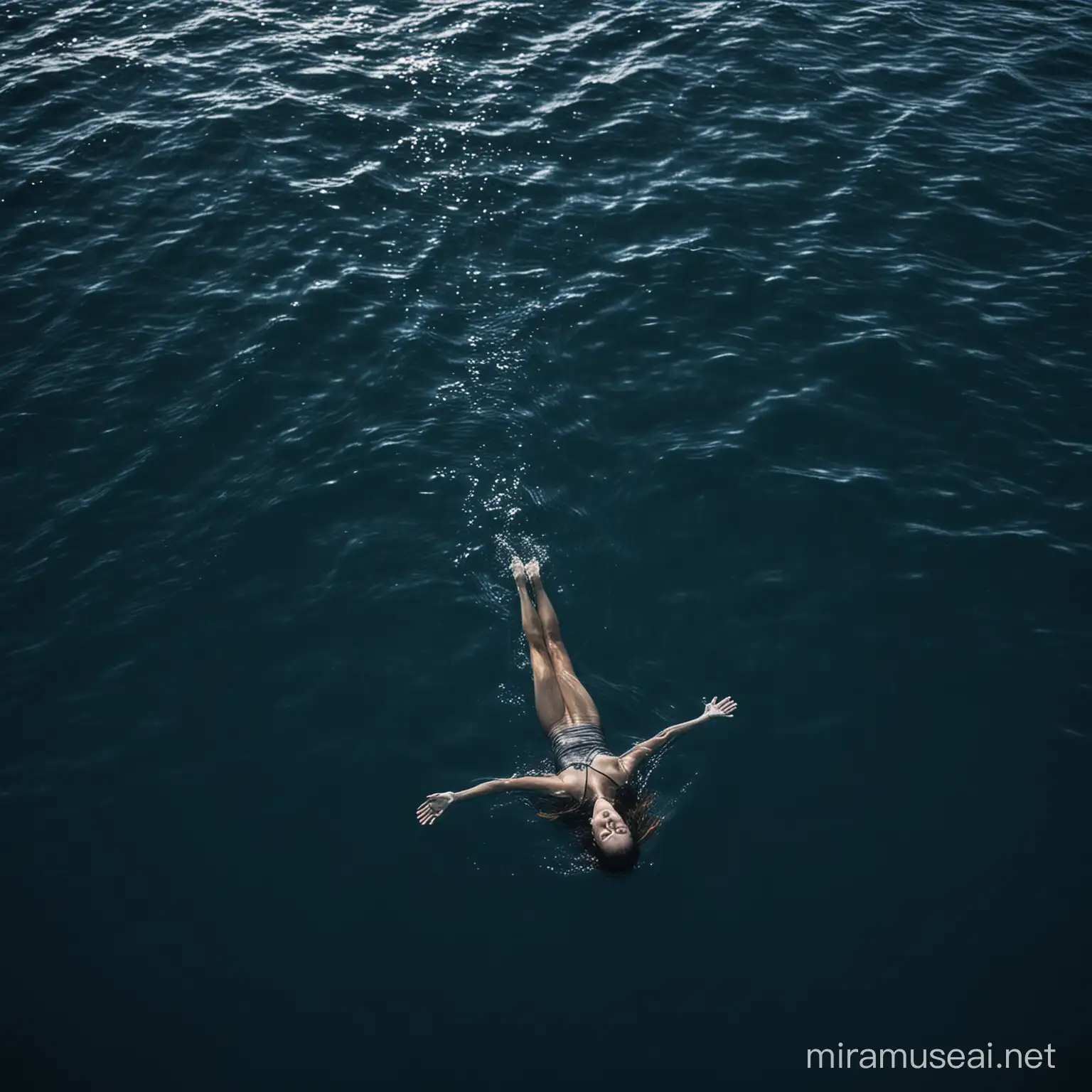 a woman floating in the open, dark blue ocean