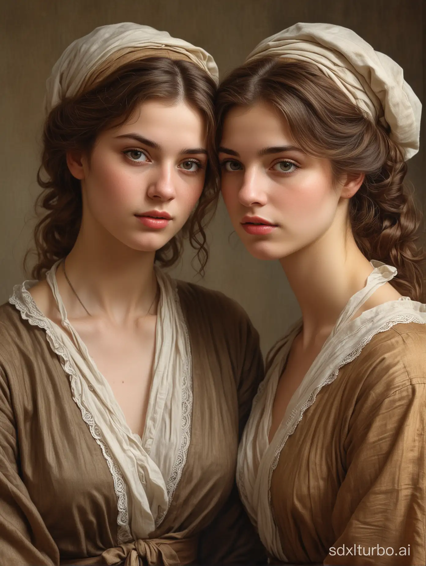 Draw twin women of antique appearance in realism style