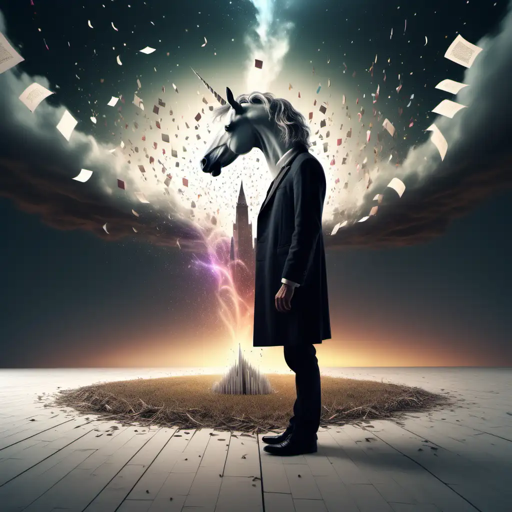 Full of numbers, mathematic symbols, groomy, dark, male serious teacher standing at the start, mysticA depicting pages falling from the sky at the sunset, victorian realistic style, beautifulwhite background in which the universe was incredible depth of field, The unicorn's head comes out of the floor in the middle of the room minimalist and sleek conceptual environment, surrealism beautifully colored, crazy details, intricate details, beautifully colored, cinematic, Color correction, Editorial