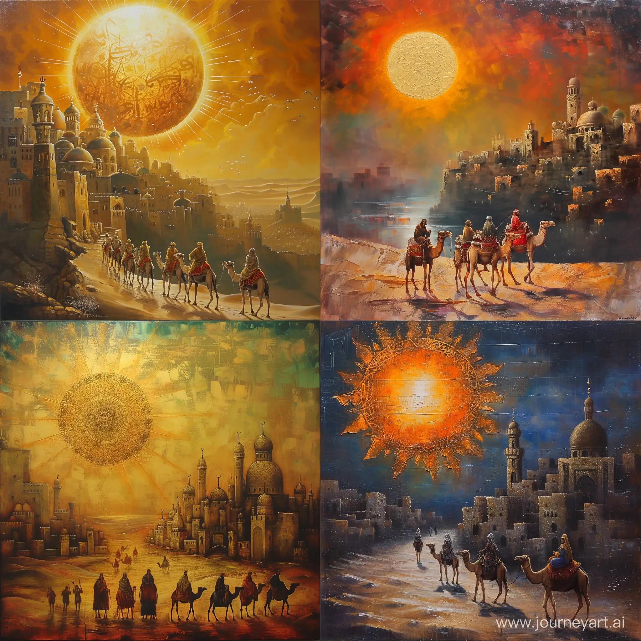 Arabic image of the sun and medieval people on camels, Arab city, oil painting