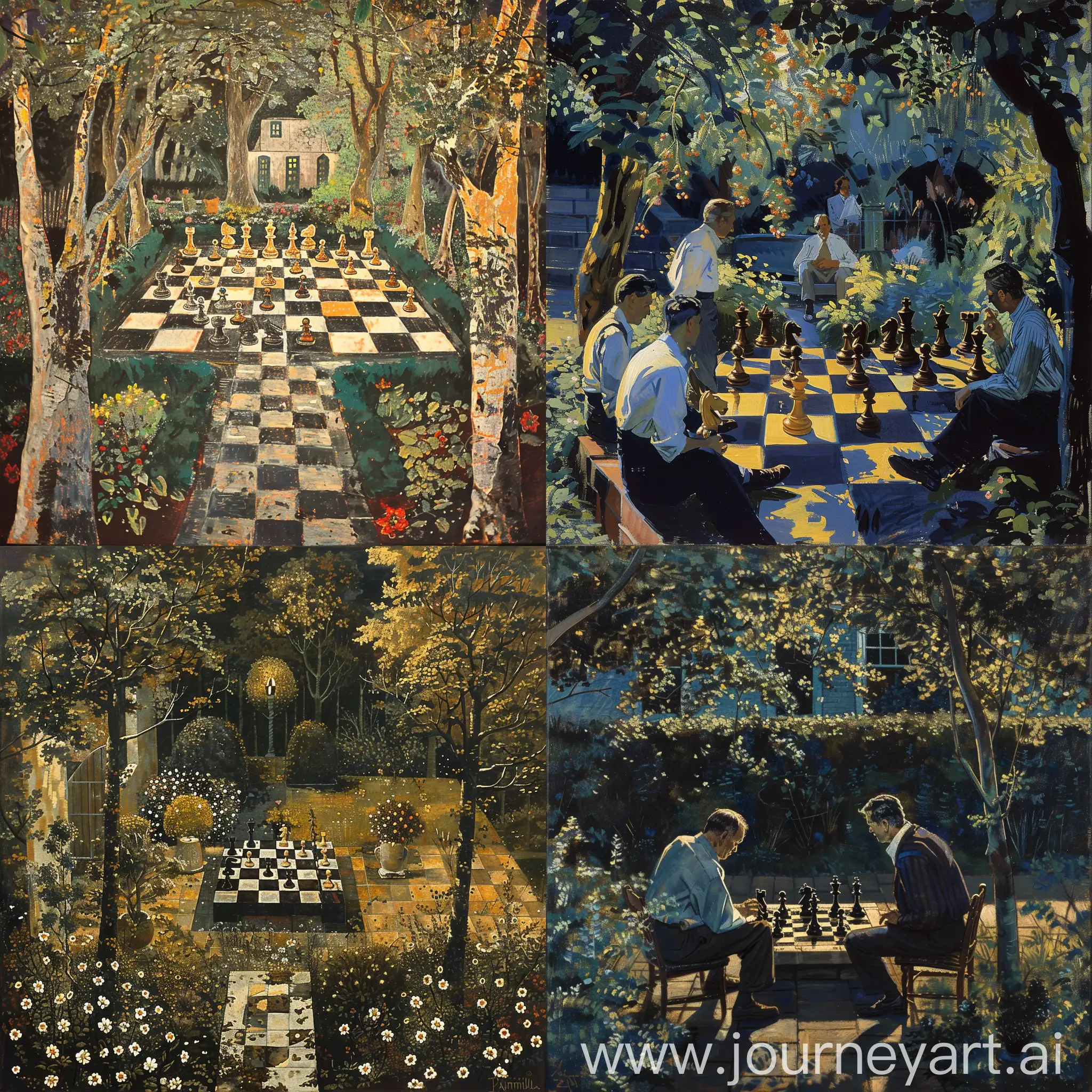 draw a chess game in the mysterious garden in style of tarcila do amaral, 1920

draw a chess game in the mysterious garden in style of grant wood and tarcila do amaral, 1930

draw a chess game in the mysterious garden in style of Edward Hopper and tarcila do amaral, 1940