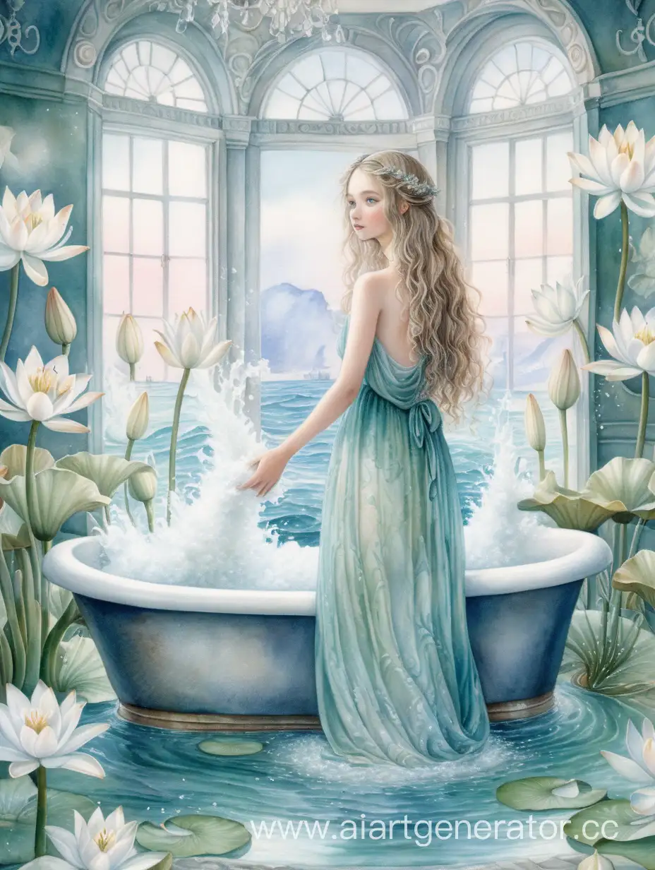 Enchanting-Nymph-Girl-Enjoying-a-Luxurious-Foam-Bath-Amidst-a-Sea-of-Lilies-and-Lotuses