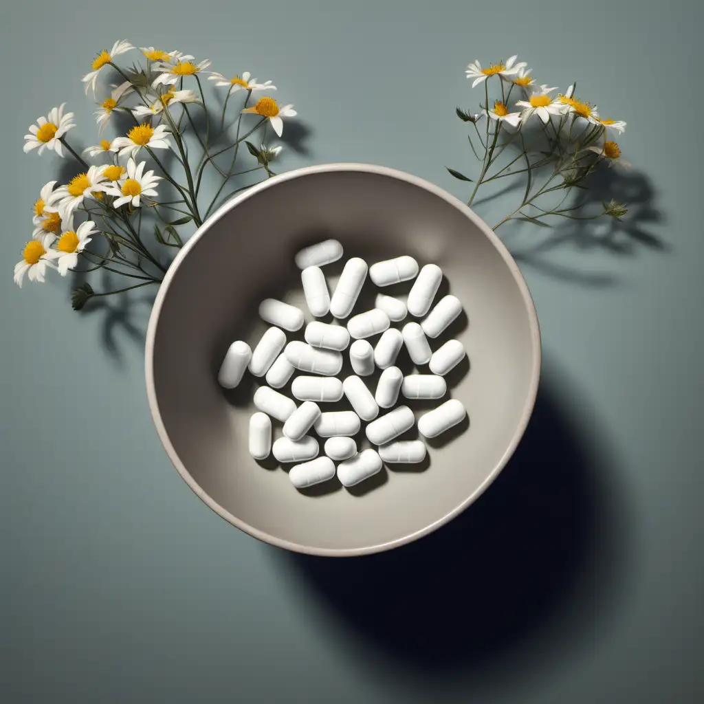 photorealistic still life of a small bowl containing white pills, surrounded by wild flower