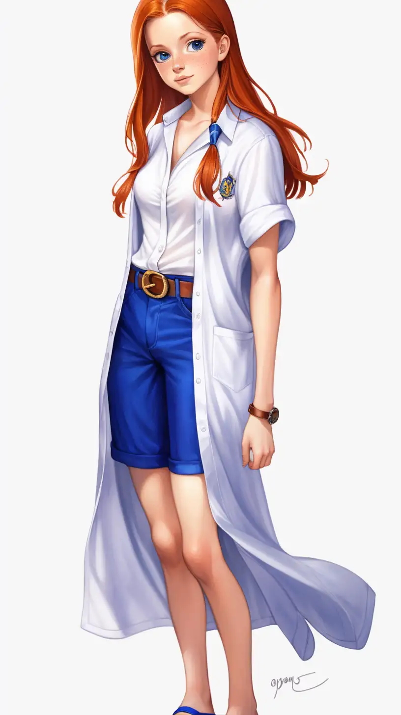 Vue de face dans fond blanc très brillant,   Ginny Weasley, expression amoureuse, chemise blanche d'été très très échancrée et paréo bleu roy et sandales 