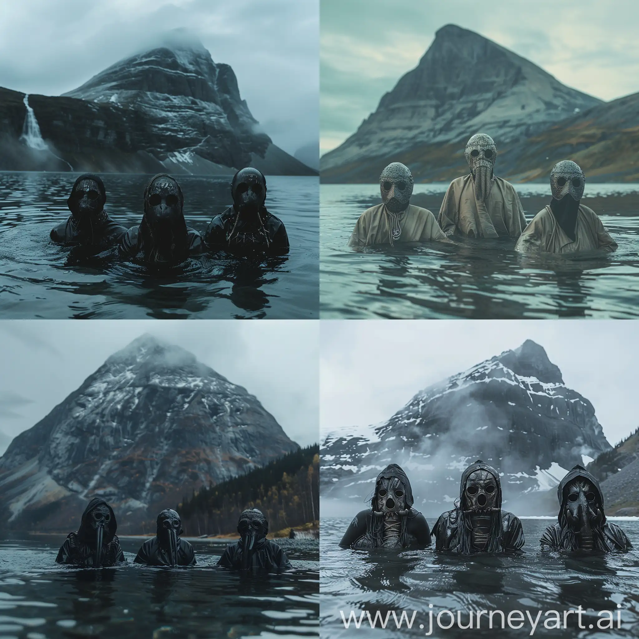 --sref https://encrypted-tbn0.gstatic.com/images?q=tbn:ANd9GcS3i8i1FLduCEsOWVSrUFJVwnz6hWL0eSXOOw&usqp=CAU three people in a body of water with a mountain in the background, black hollow eyes, runic words, tiktok video, inuit heritage, old humanoid ents, wlup, watermark:-1, gaping gills and baleen, meme, finnish naturalism, the masks come off at night, frontpage, aliased, high qulity, peoples --ar 4:7