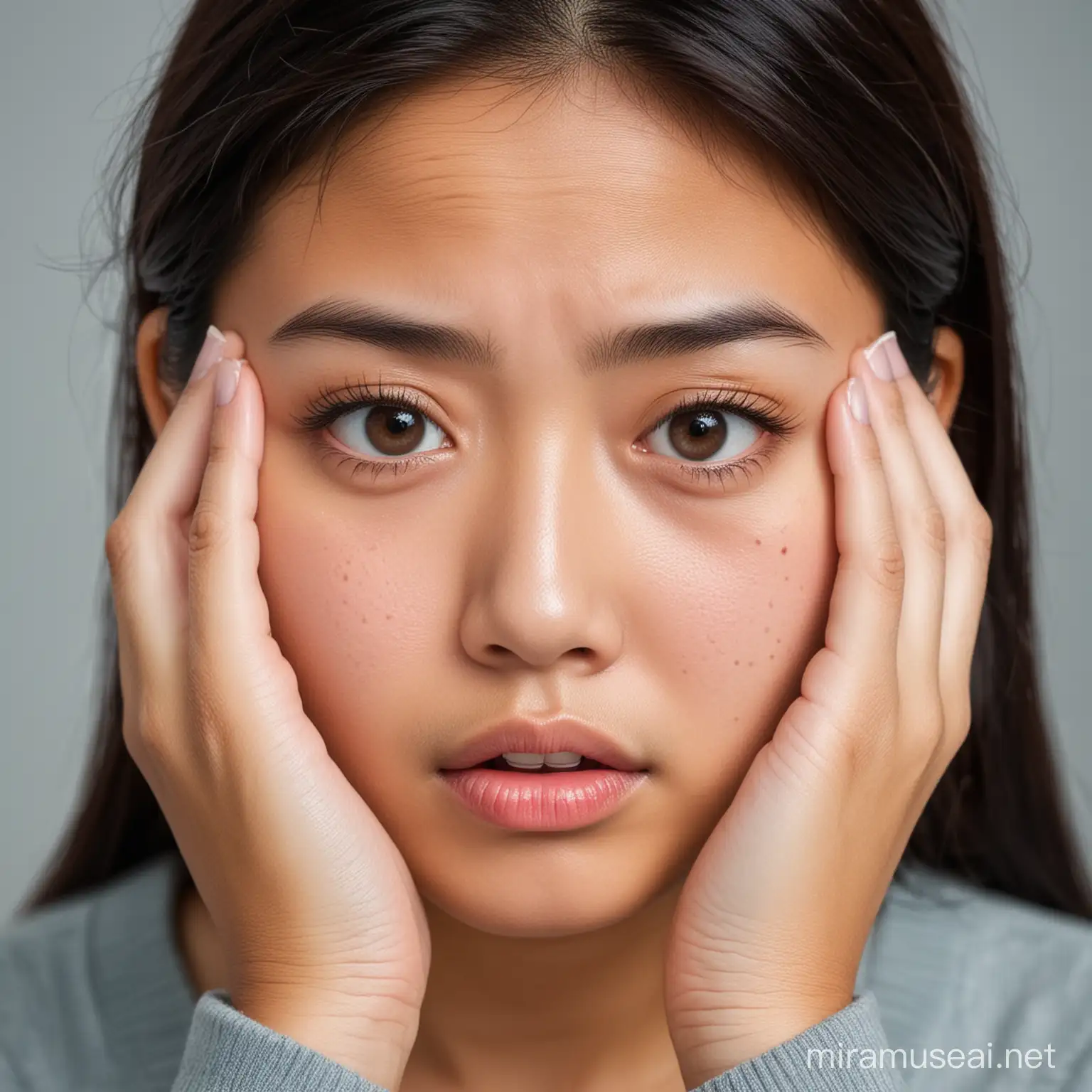 Concerned Asian Girl with Hands on Cheeks
