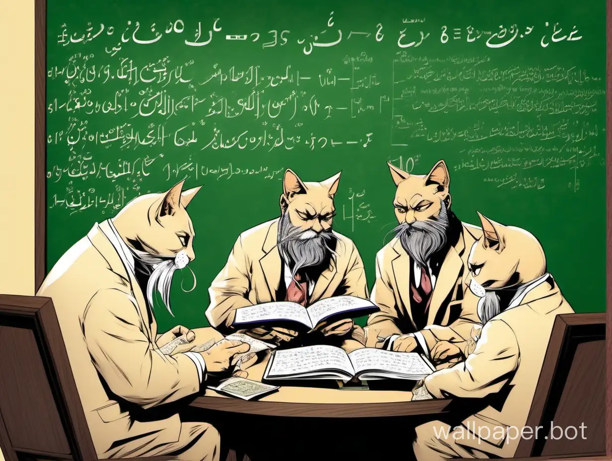 6Cats eating cat food, playing, and a man  has a large beard and no mustache  in a beige suit reading an Arabic book. A green chalkboard with complex mathematics in the background