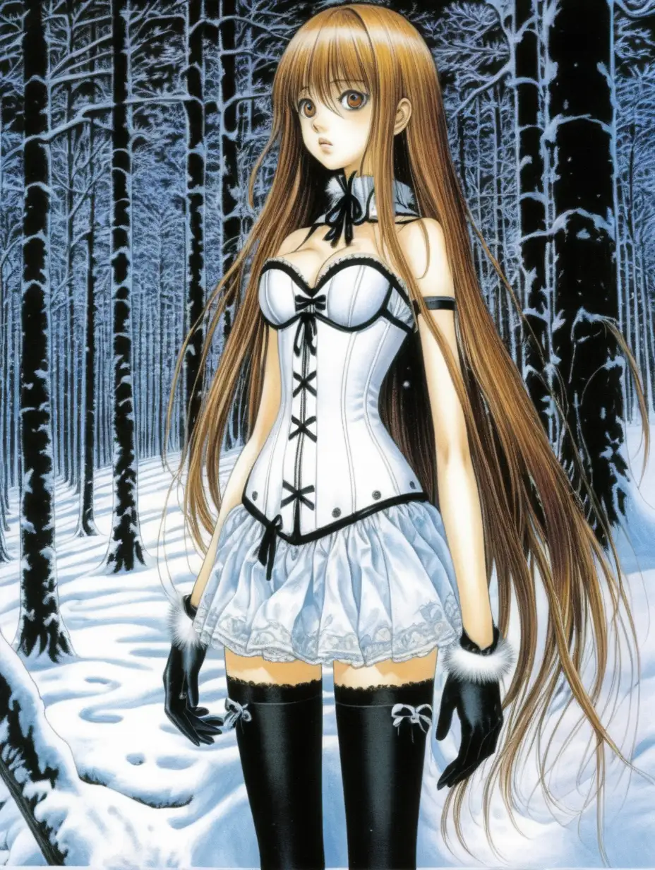 Enigmatic Snow Forest Encounter Mysterious Girl in a White Corset