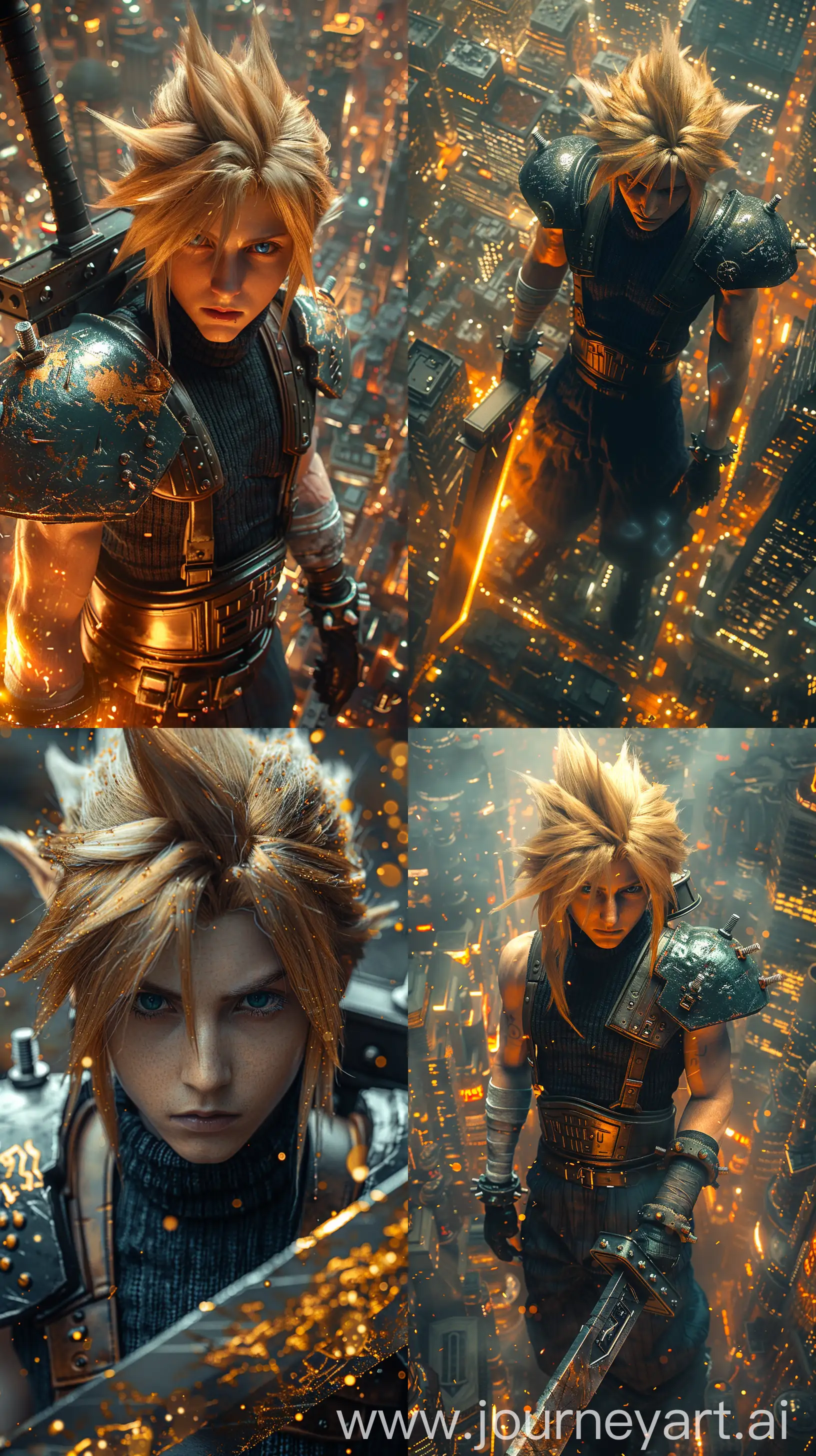 Aerial view of full body real photo of real person as Cloud Strife from Final Fantasy universe with his iconic sword, in the style of Igor Zenin, dark amber and gold, cyberpunk final fantasy city portraits, cyberpunk background, ultra-realistic, David Nordahl, fairycore, explosive pigmentation,Beautiful Lighting, shot taken on Nikon 78, 85-mm-lens, sharp-focus, clear and crisp detail High key lighting 32k UHD HDR --ar 9:16 --stylize 750 --v 6.0