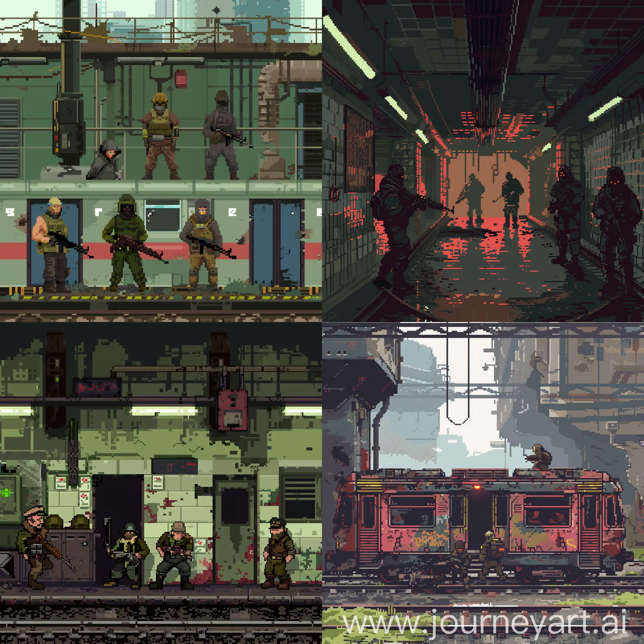 underground metro post apocalyse with human bandits pixel art