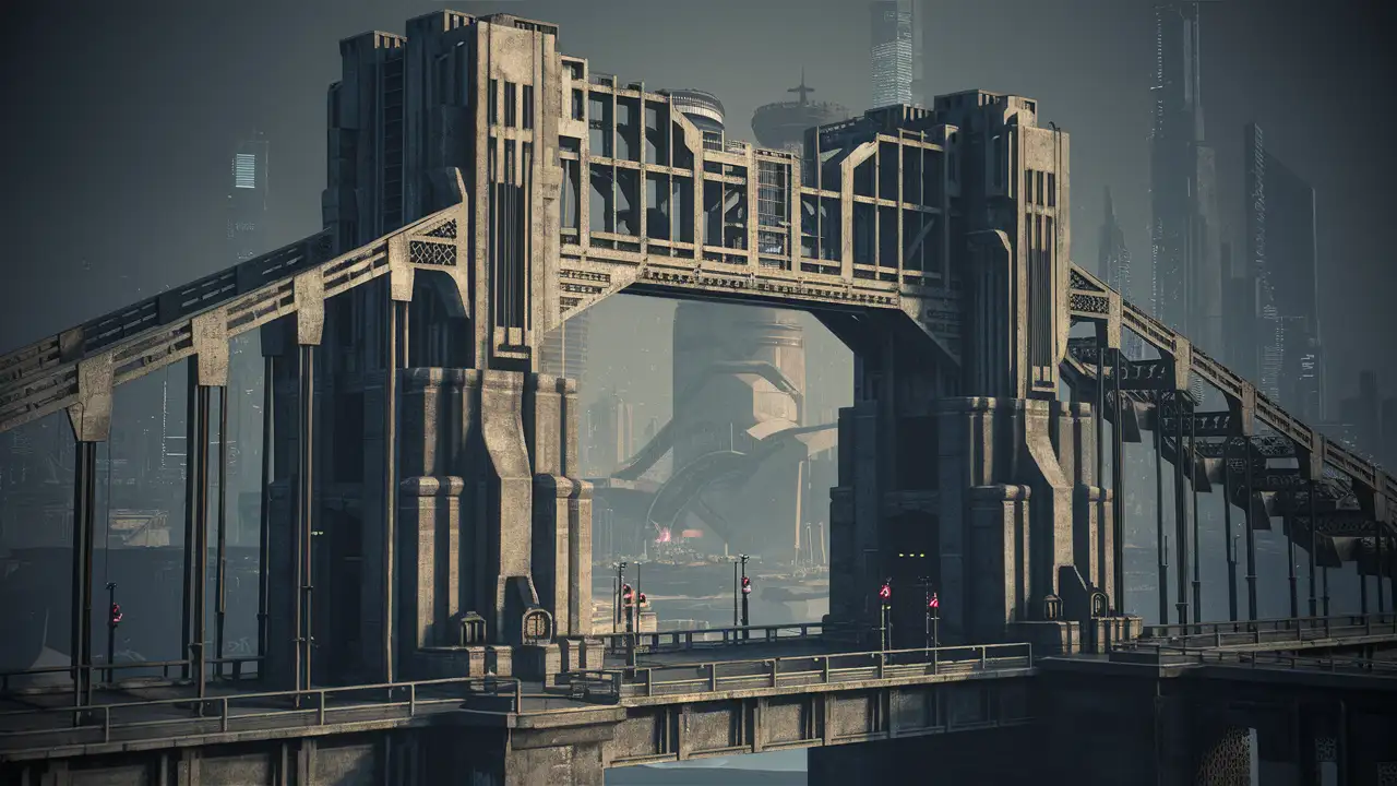 Iron bridge in brutalism, low poly style, for video game