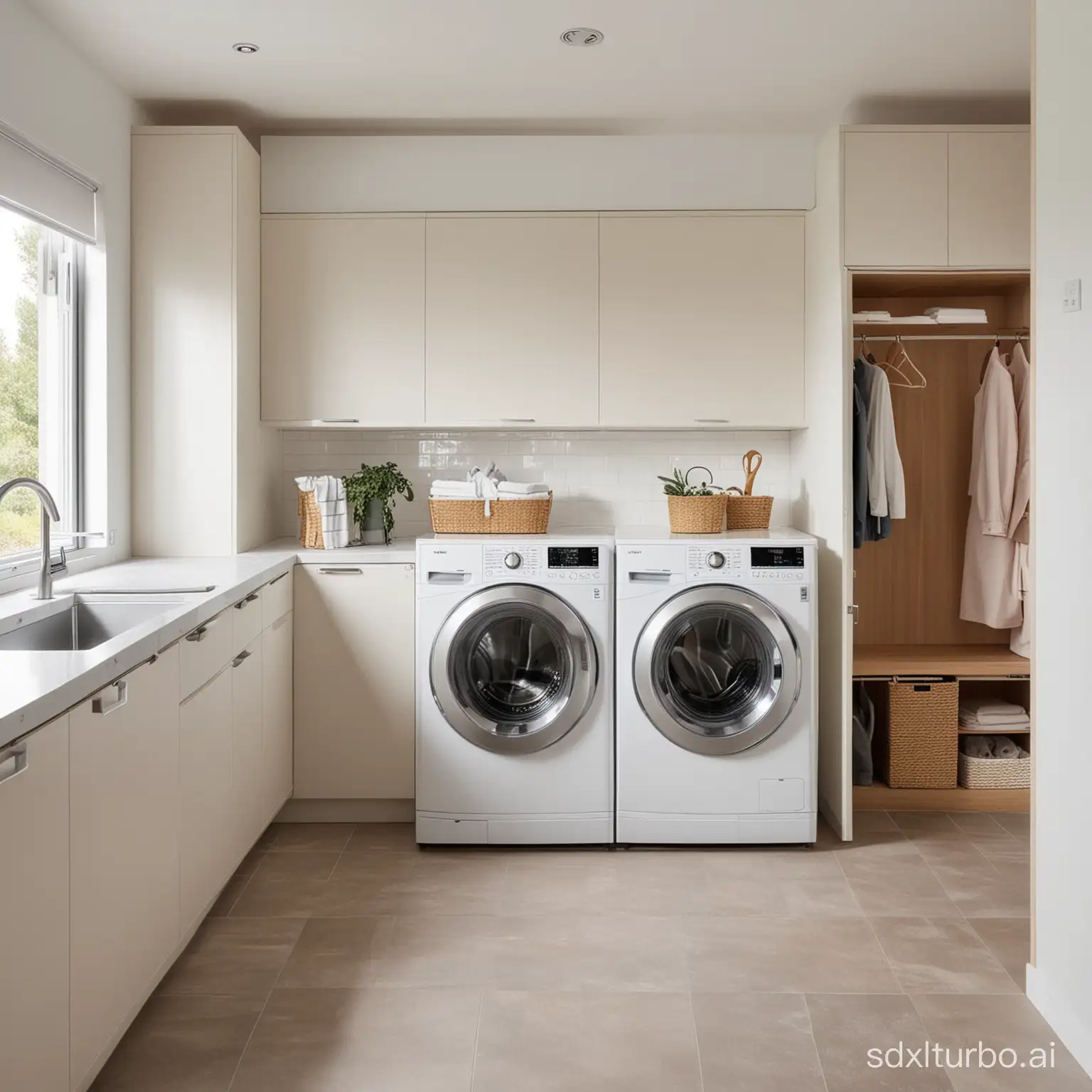 In modern laundry rooms, only the front angle of two washing machines can be seen.