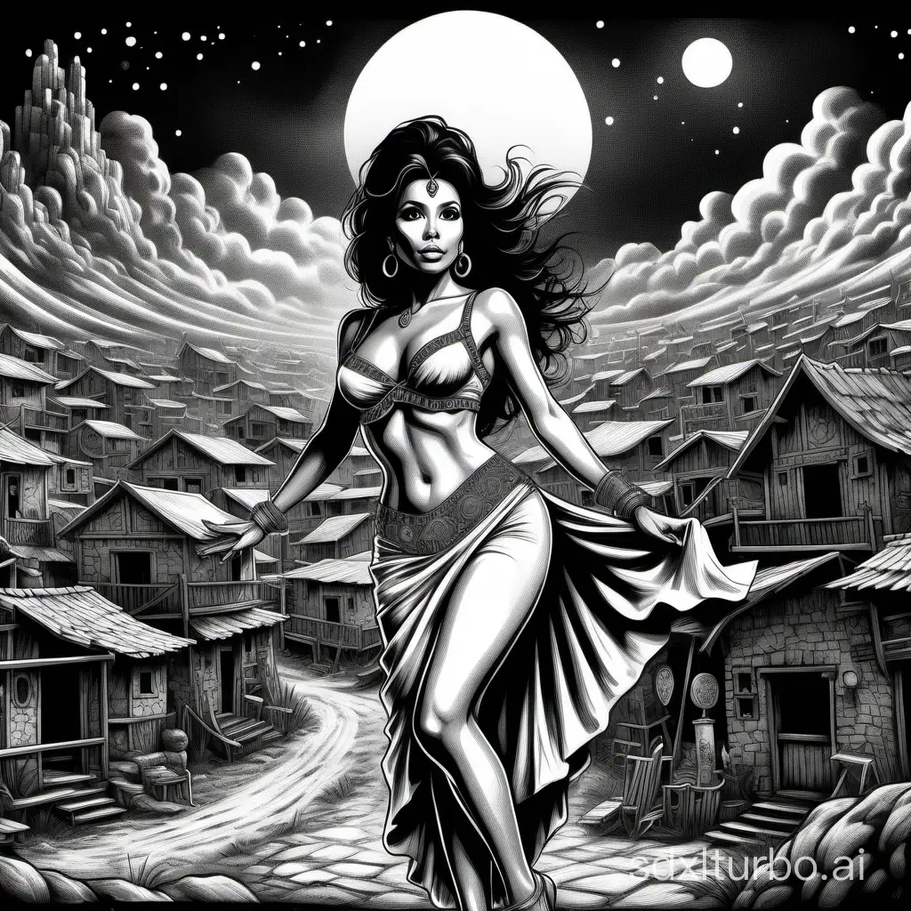 Depict an Eva Longoria: gypsy dancer, in a fantasy village, cloudy night, two thirds body, vintage black and white ink comic, high contrast, hatching, black and white chroma, vintage print press, fantasy, style of 1982 Basic D