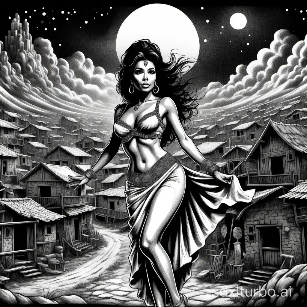 depict an Eva Longoria:gypsy dancer, in a fantasy village, cloudy night, two thirds body, vintage black and white ink comic, high contrast, hatching, black and white chroma, vintage print press, fantasy, style of 1982 Basic D