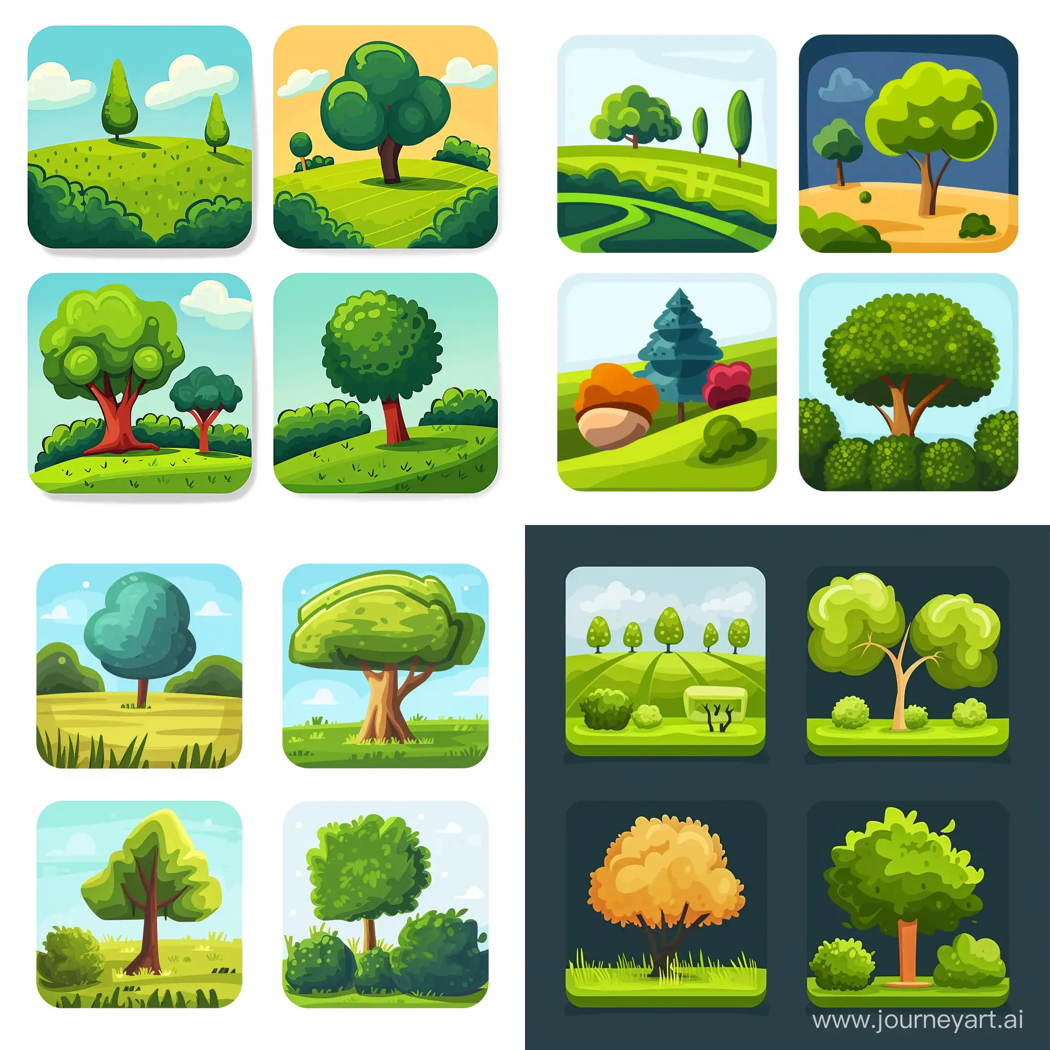 4 vector square icons in a serious style, on the 1st icon parks, on the 2nd icon fields, on the 3rd icon trees, on the 4th icon bushes --v 6 --ar 1:1 --no 51217