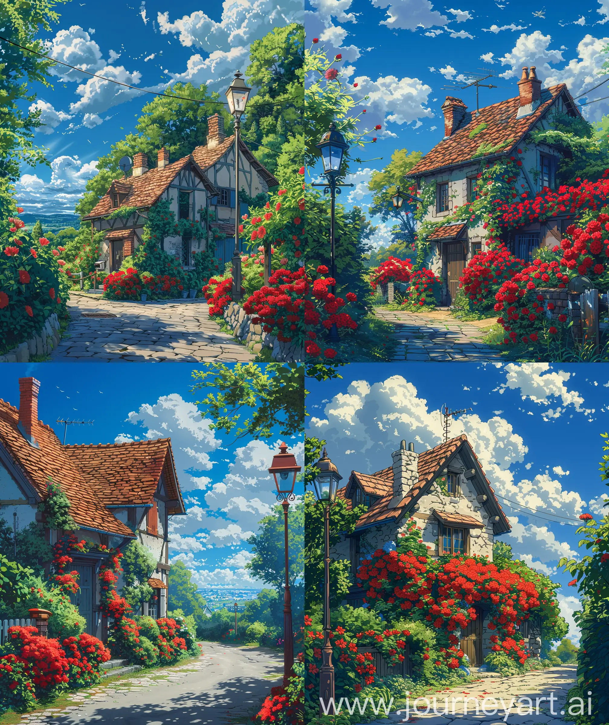 Beautiful anime scenary, mokoto shinkai and Ghibli style mix, direct front facade view of french countryside cottage look, street, pavement road, red flowers around cottage, bushes, old lamp post, blue sky", close up, vibrant look, beautiful sky, illustration, anime scenes, ultra HD, high quality, sharp details, no hyperrealistic --ar 27:32 --s 400