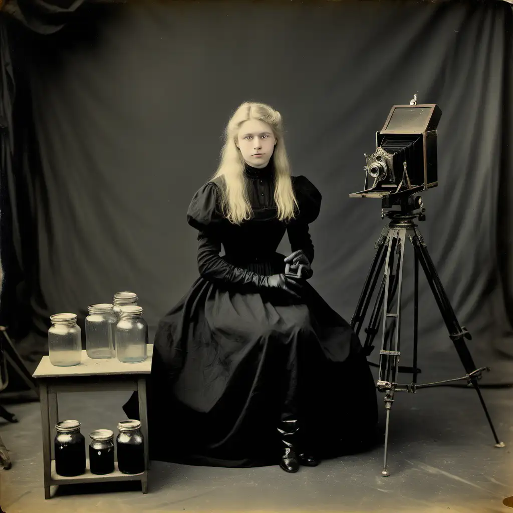 1899, 16 years old blond girl, black dress covering her arms, black gloves, seating in a photographic studio, old camera and tripod, several jars with liquids