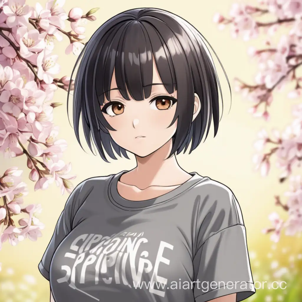 аниме девушка с короткими чёрными волосами, карими глазами, с большой грудью, в футболке, на весеннем фоне