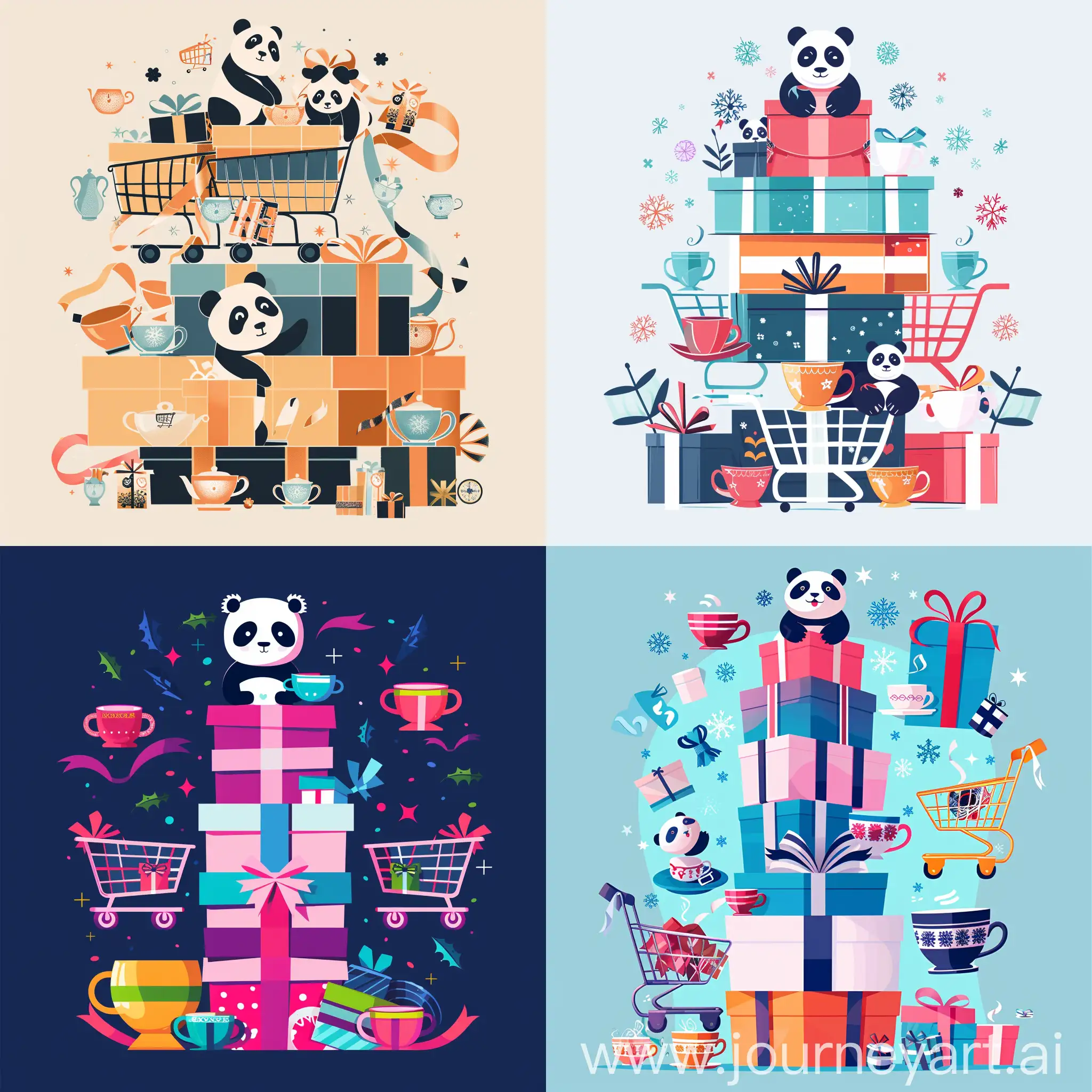 Stacked gift boxes, panda dolls, teacups, shopping carts, ribbons, e-commerce design, meta-universe, technological sense, flat illustration style, luminous