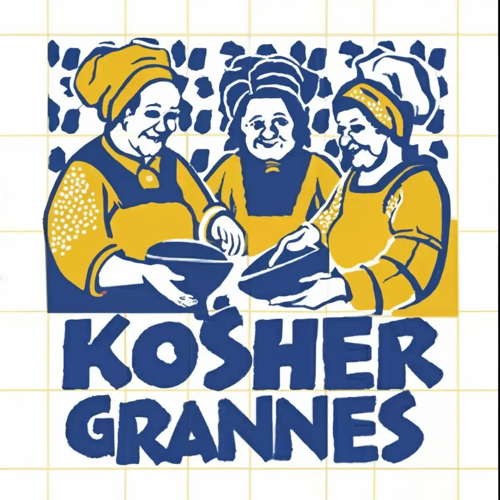 logo, Israel, yellow, blue, white, Jewish food and grannies cooking, Paul Klee, with the text 'Kosher Grannies', in Portuguese tiles, typography, be used in Automotive industry