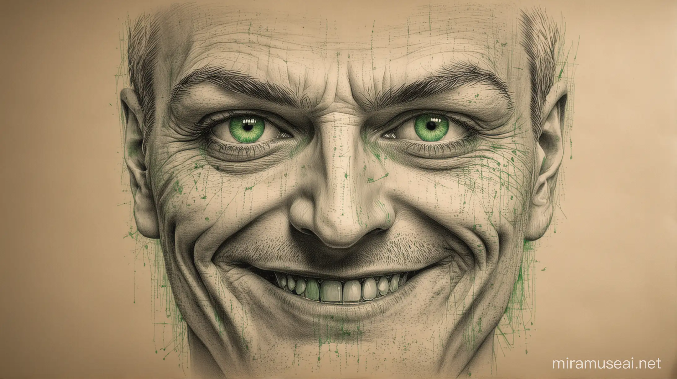 
face of a sinister man drawn on sheet with piercing green eyes and disturbing sinister smile drawn on a paper