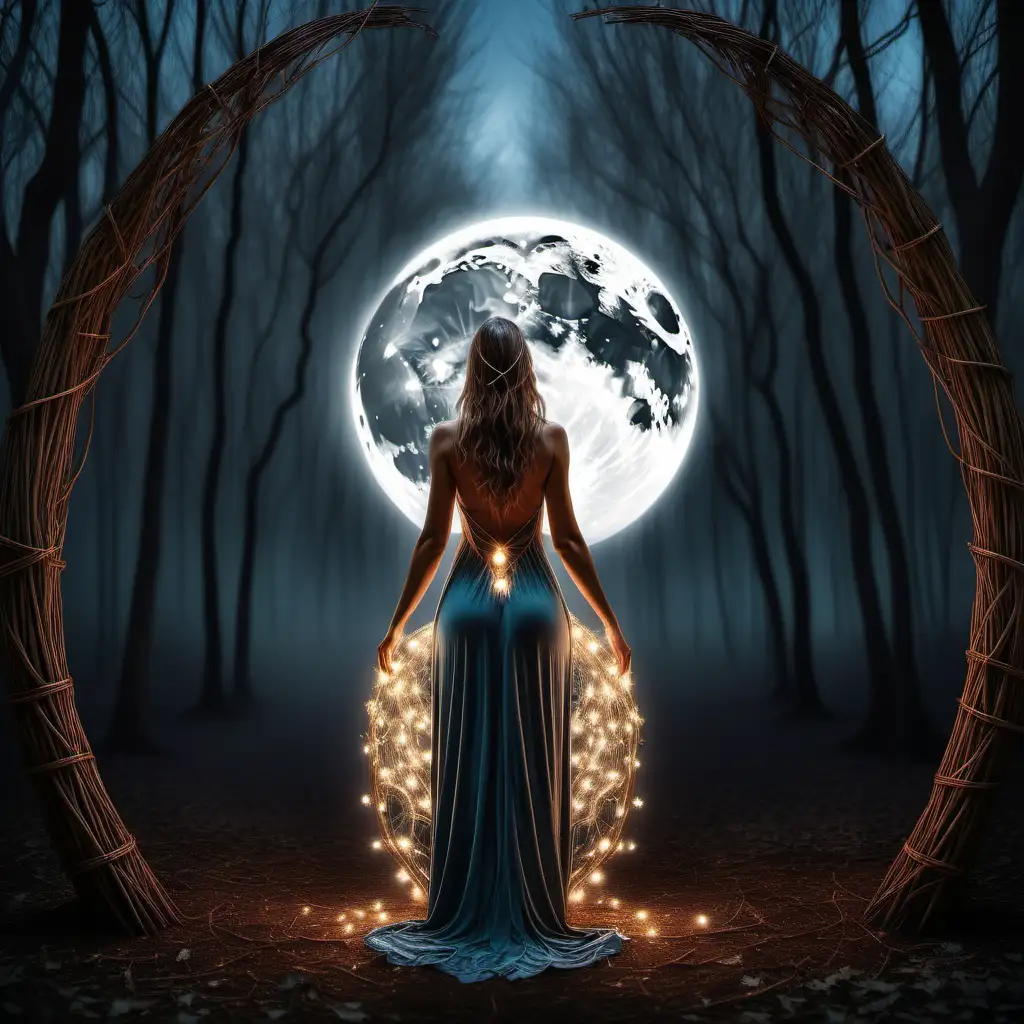 create a realistic image of the back of a spiritual woman lit by a willow moon in a forest opening

