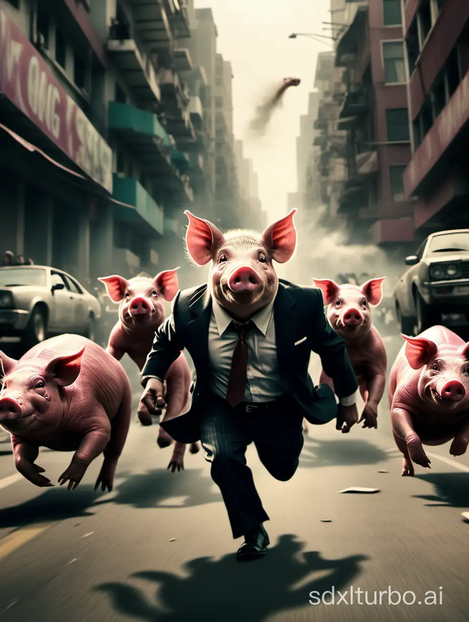 a gangster pig, a cobra, chasing each other, in a crowded city, movie style