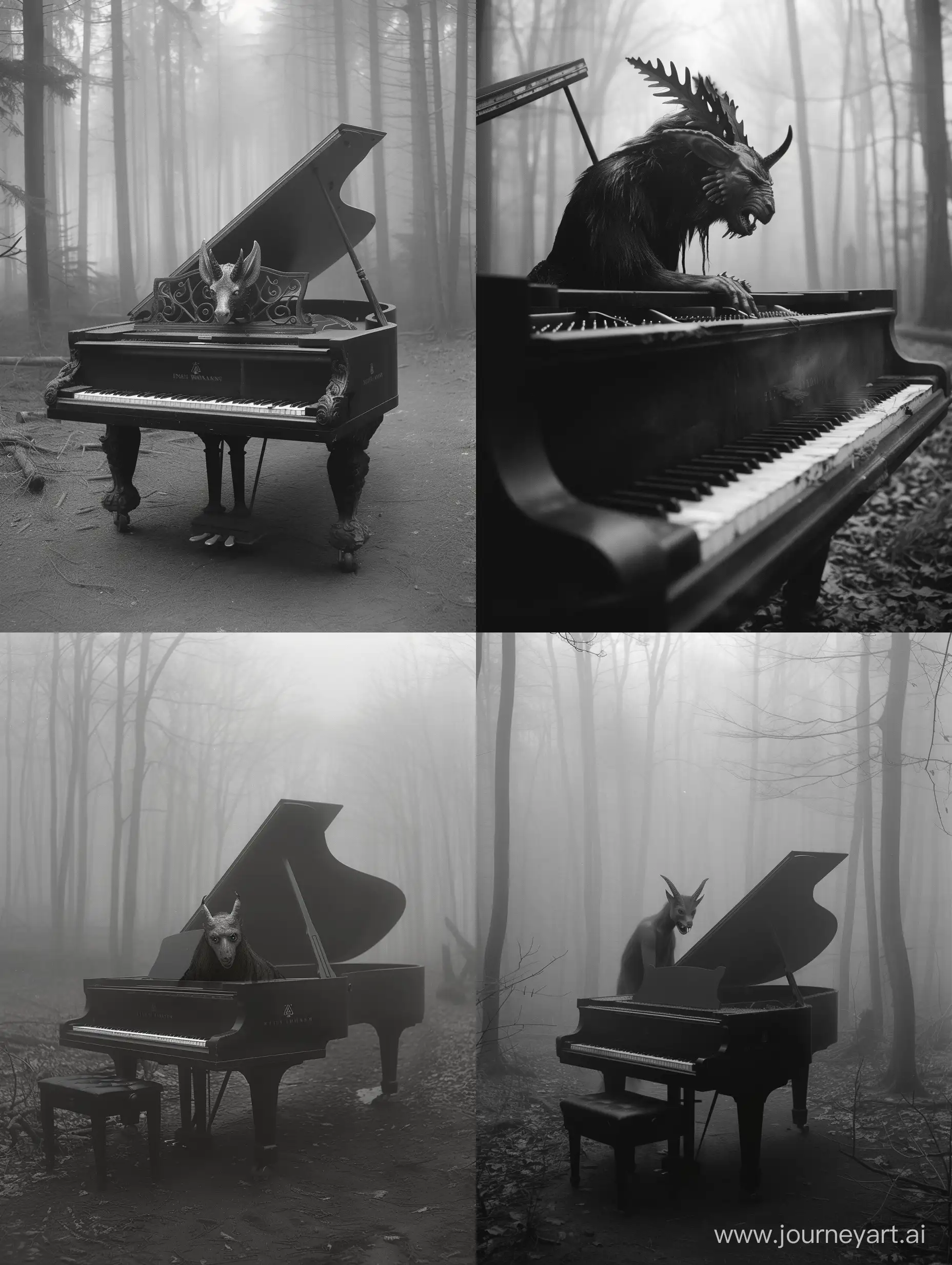 Fey-Enigma-Hauntingly-Beautiful-Creature-and-Antique-Grand-Piano-in-a-Foggy-Forest