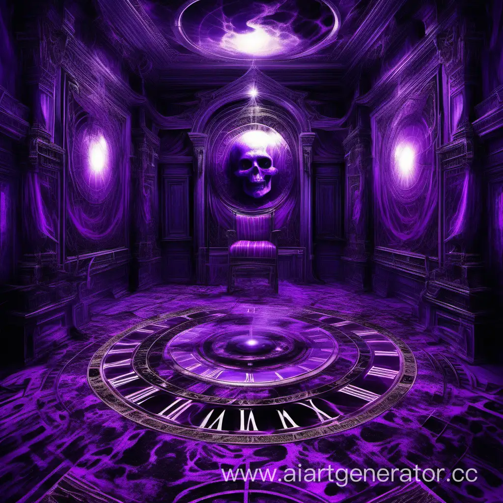 The oppressive purple throne room of the almighty god of death and chaos, the room distorted by interference, dark with a portal to another world, clocks on the floor marking time