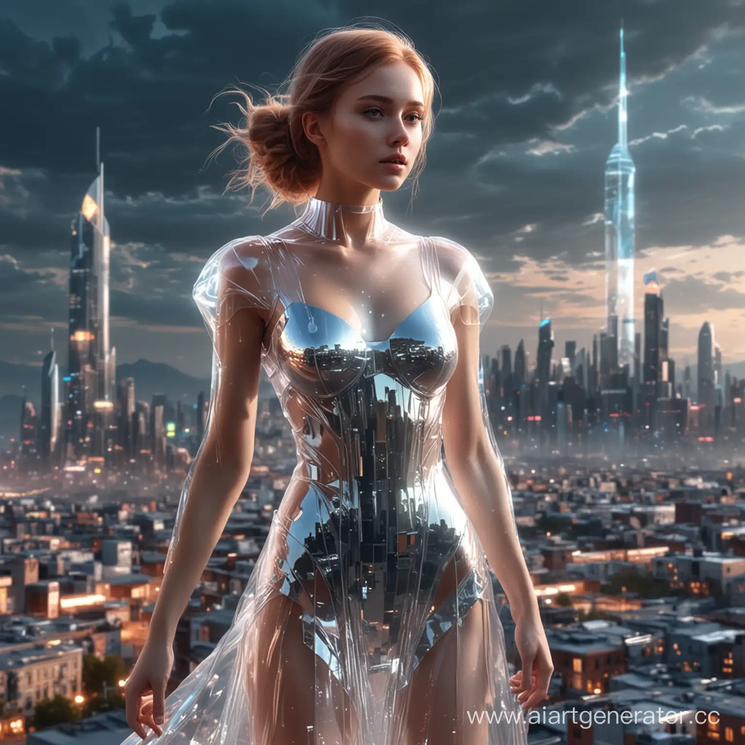 surrealism, futurism,
a girl in a transparent plastic dress,
against the background of the city of the future,
aesthetically pleasing, beautiful, high detail, 4k, 3d, bright lighting, soft lighting