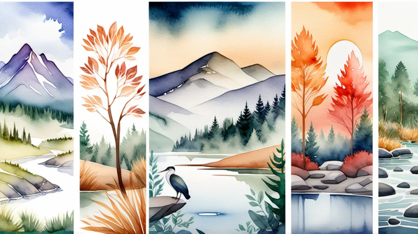watercolor images of natural landscapes, scenic views, wildlife, and nature-inspired designs