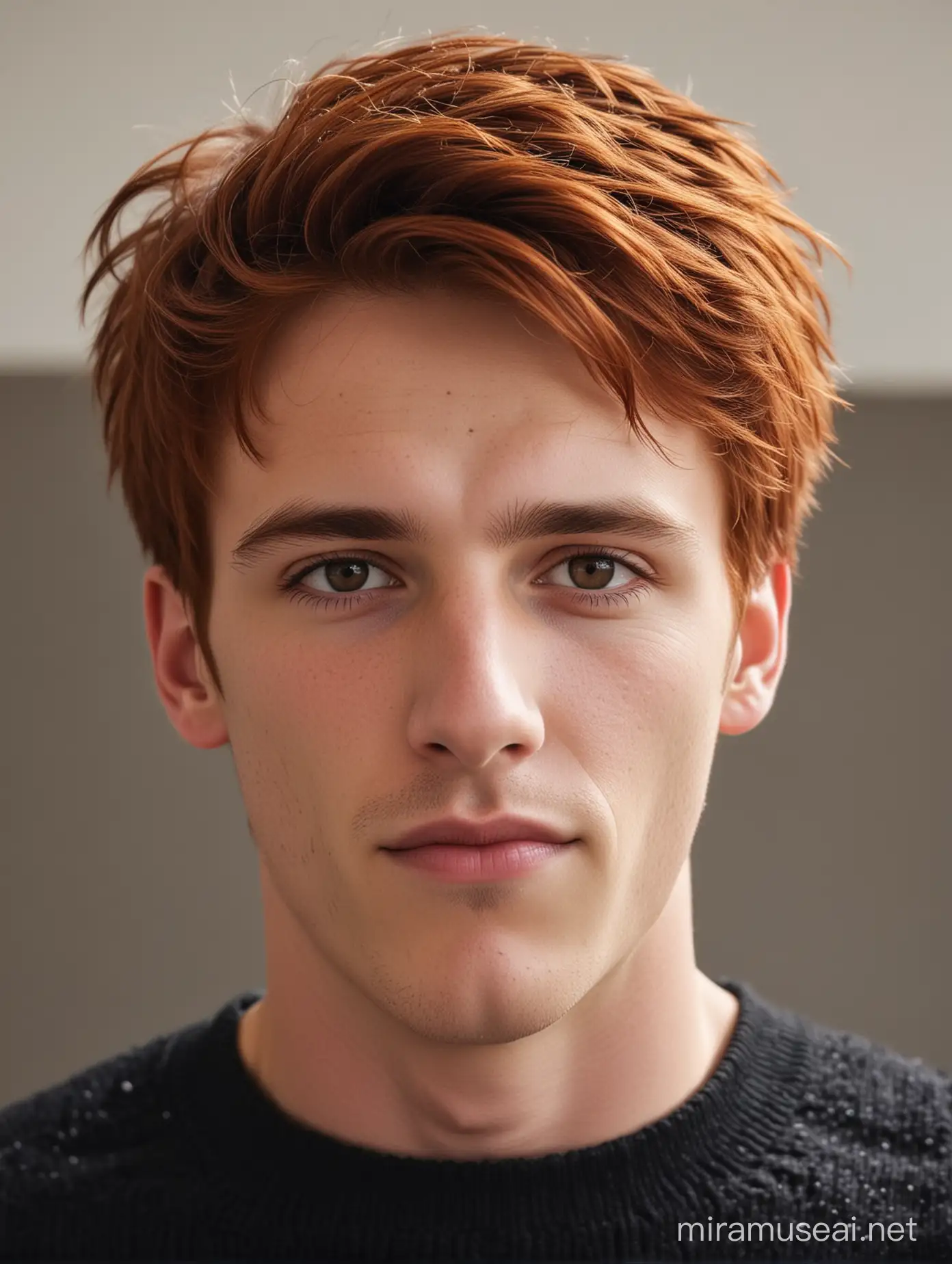 RedHaired European Man in Black Sweater at School