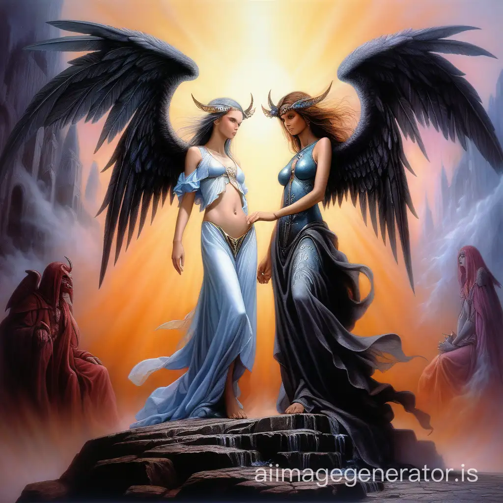 Imagine a two figures first beautiful girl angel second demon in the style of Keith Parkinson. masterpiece, best quality, High contrast, colorful, stark, dramatic, detailed background, high quality, by Keith Parkinson.