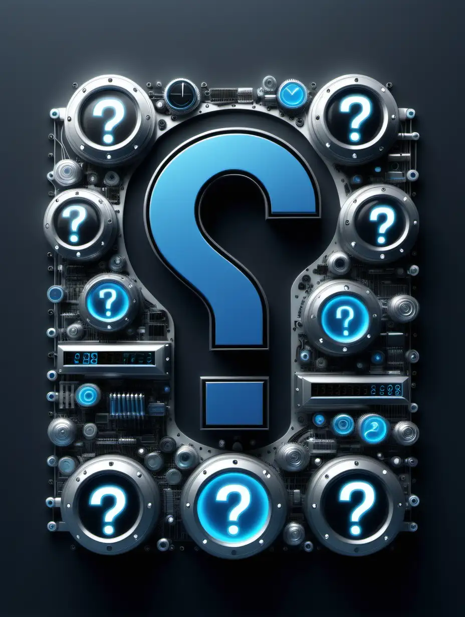 high-tech system using blue, black, silver using a question mark