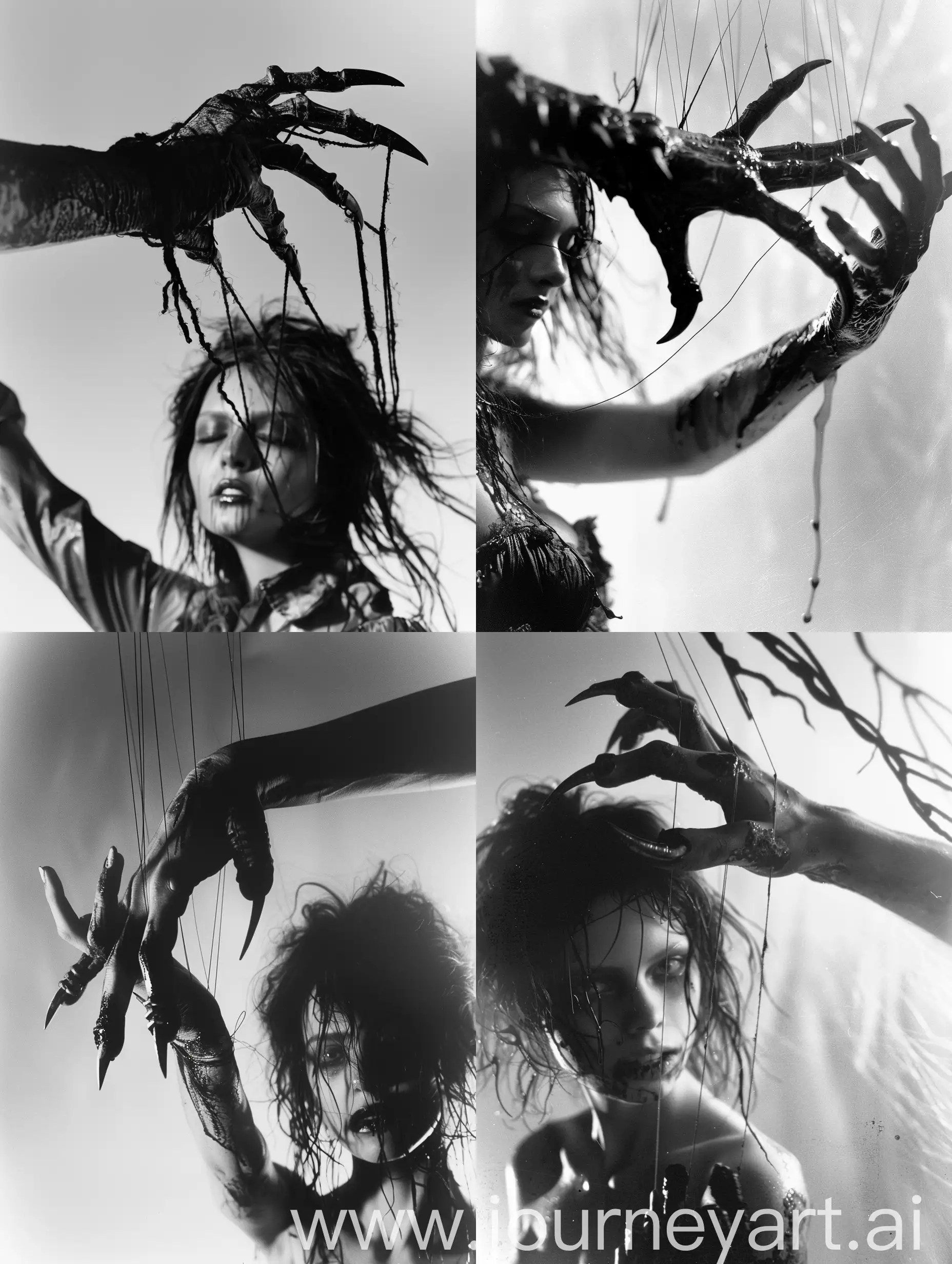 Image of a creepy, sharp clawed hand with puppet strings around the fingers, the end of the strings are attached to the arms and legs of a beautiful young woman being controlled like a marionette puppet. The woman looks unhinged and has messy dark hair and makeup smeared all over her face.  bathed in dim, flickering light, grayscale, white background, expired 35mm film