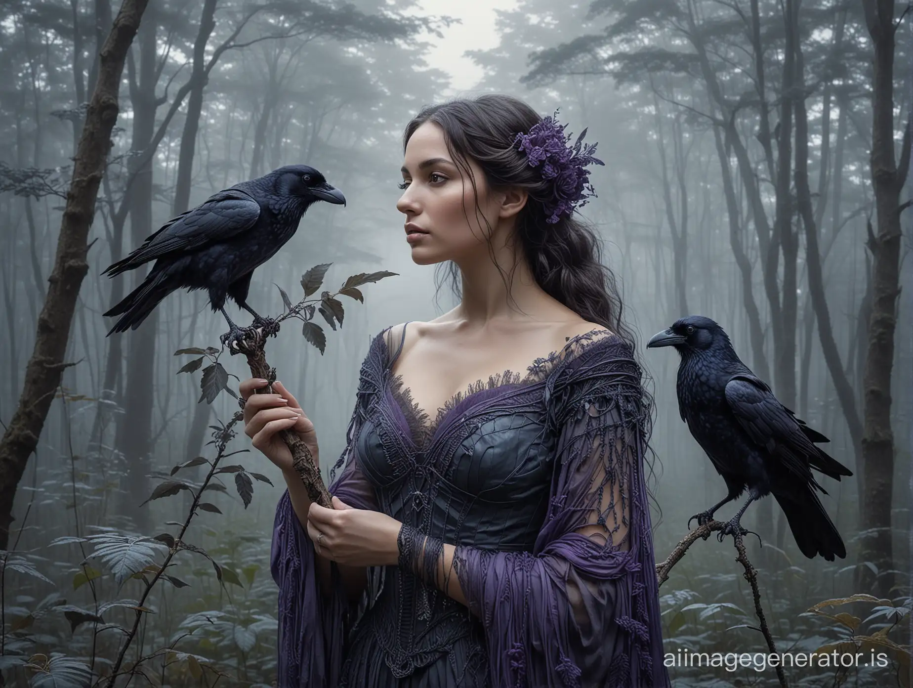 Fibonacci sequence and beauty, feminine, woman with raven pet, dark forest, beauty in elegant form with curves, fine line details and intricate textures, organic, lively and vivid, dynamic composition, blue, purple, gray, white, with thick border of white and gray fog all around the image