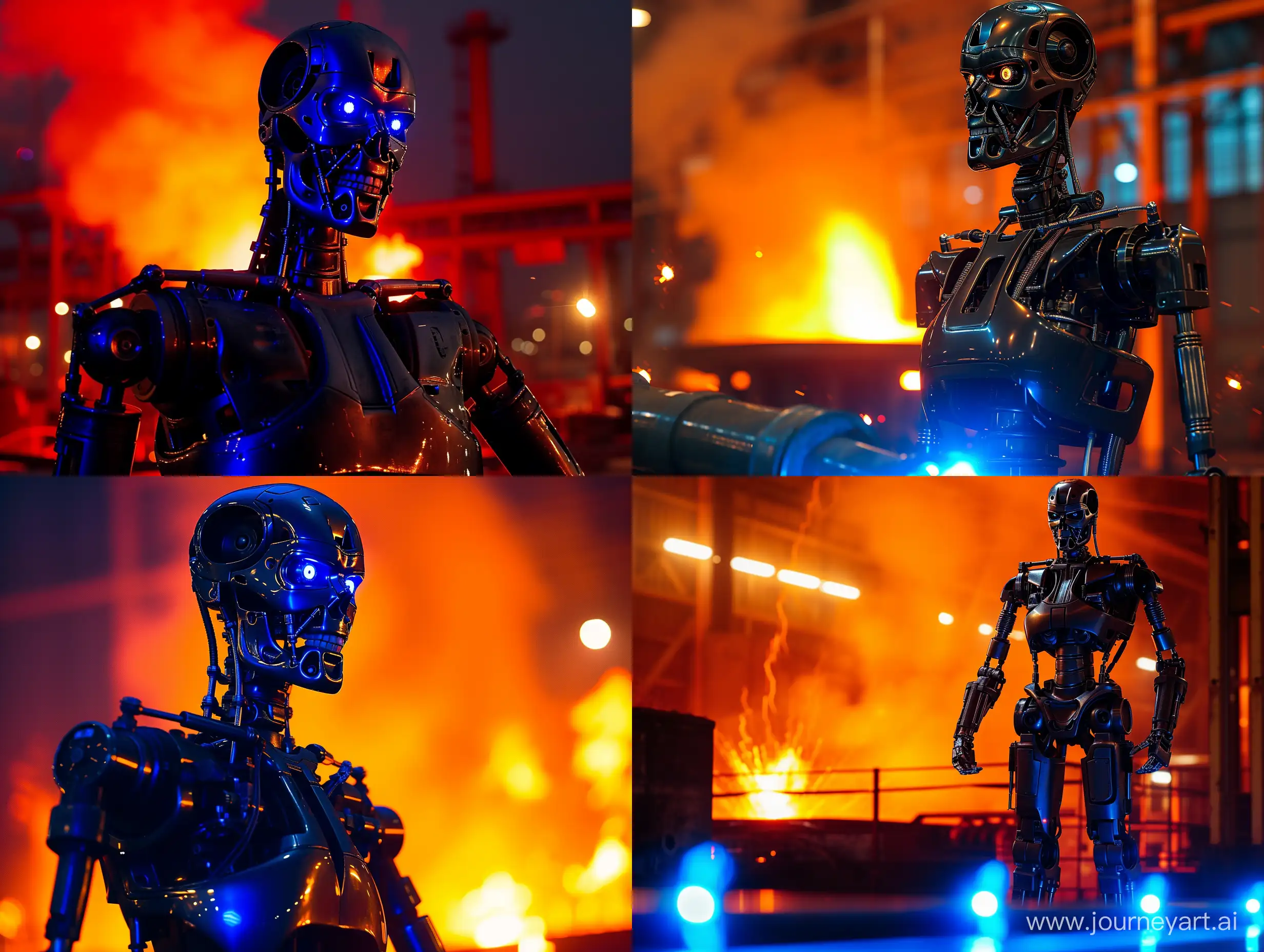 робот терминатор из одноименного фильма ночью на литейном заводе, на заднем плане оранжевый огонь, на переднем голубой свет, блики, отражения, фотореалистичность

