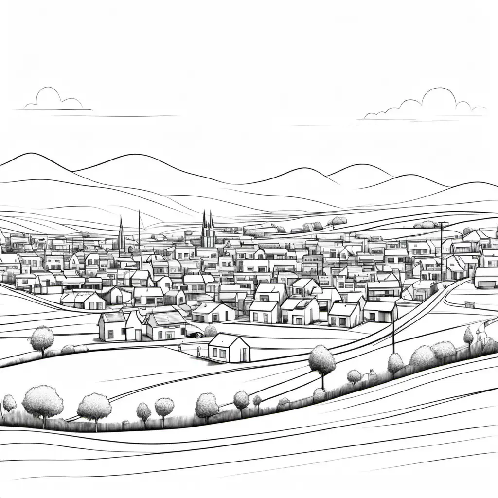 a black and white simple line drawing of a small modern town seen from the distance