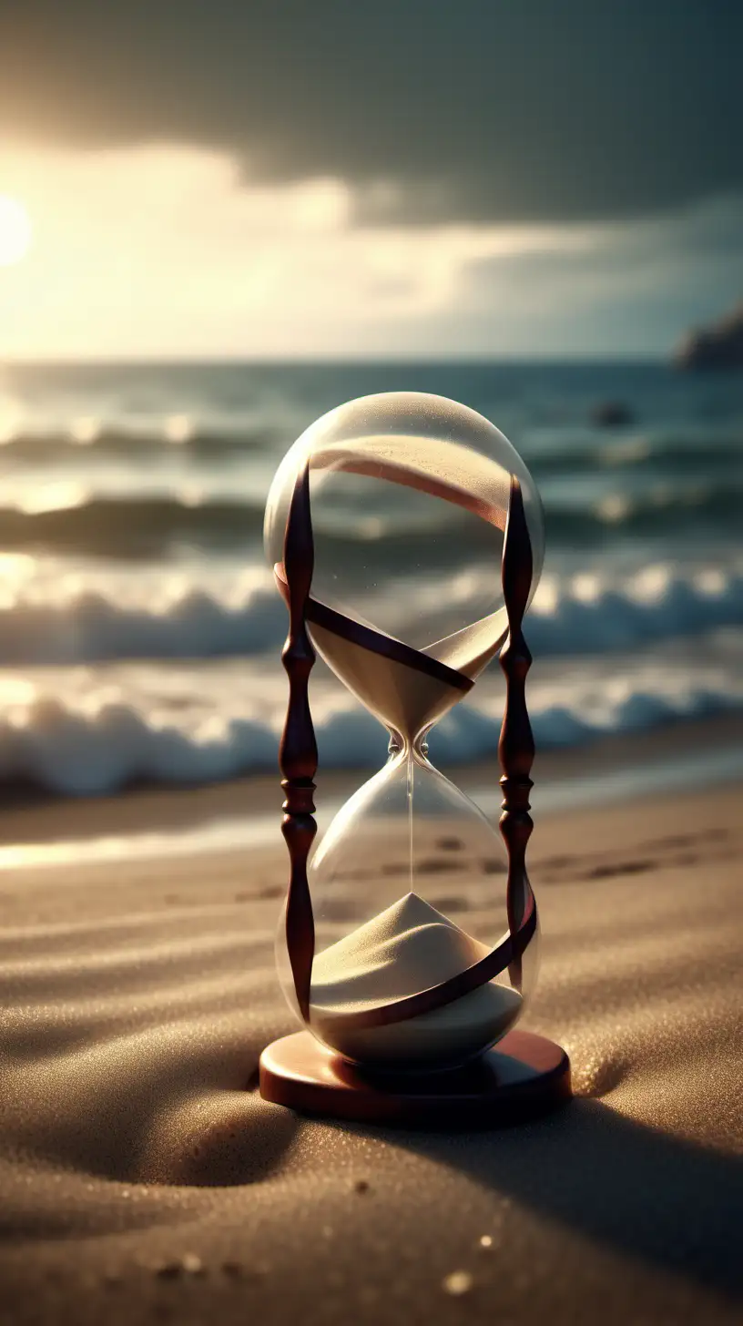 Imagen ultra realista,reloj de arena en una playa, iluminación cinemática,alta definición,16k